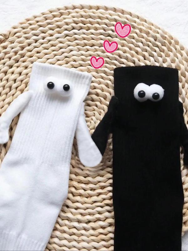 Couple's Funny Magnetic Holding Hands Crew Socks, Cute 3D Eye Decor Mid-calf Socks for Women & Men, Socks & Hosiery for Couples