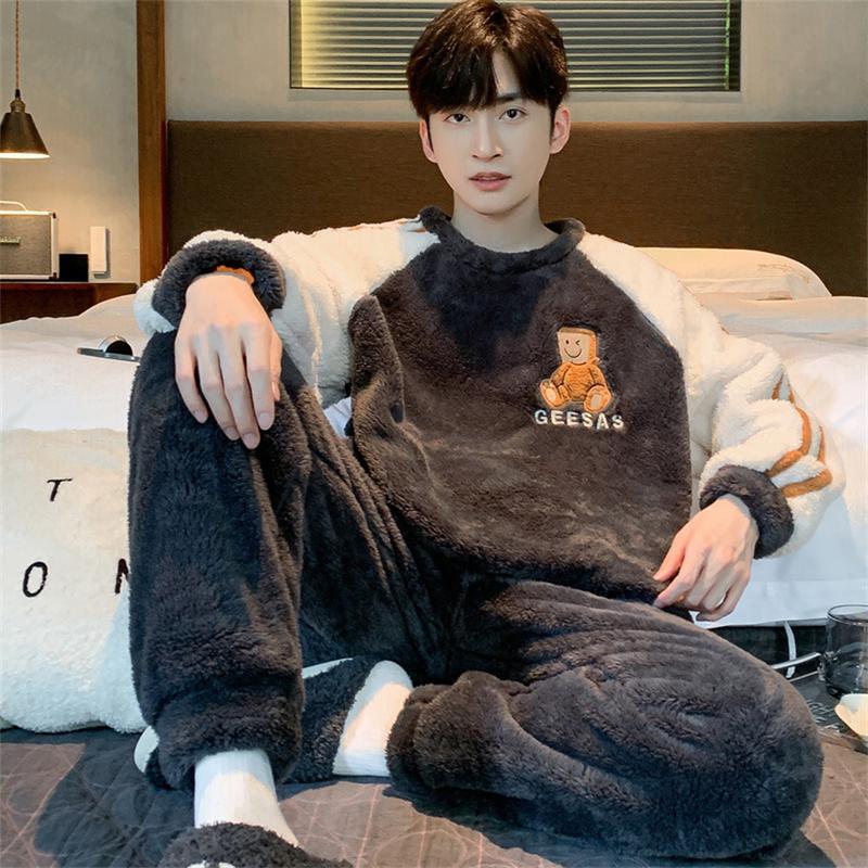 Winter Warm Pajamas Set Men Fluffy Pullover + Plush Long Pants Coral Fleece 2 Piece Sleepwear Men's Homewear Loose Loungewear