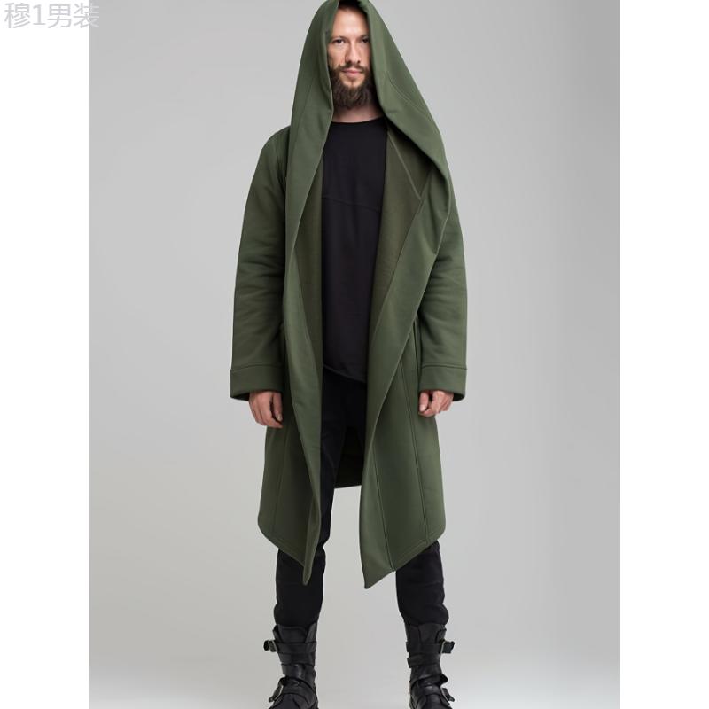 Men's Hooded Cardigan Trench Coat Streetwear Solid Color Hooded Windbreaker With Hood, Solid Robe For Home Pajamas Wear One-piece Fabric Menswear