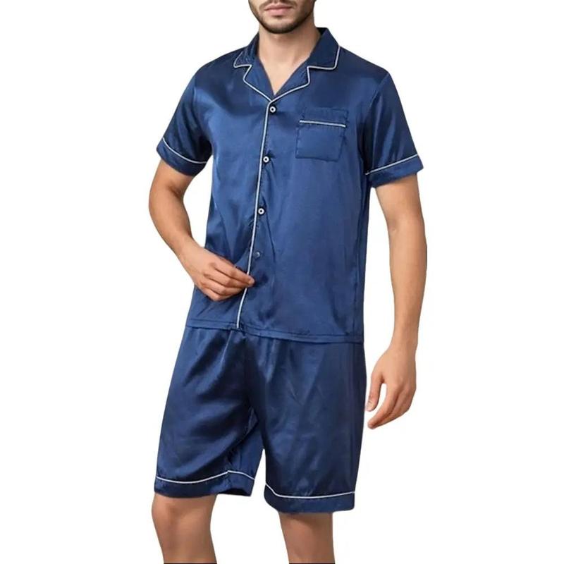 Mens Silk Satin Pajamas Set Short Sleeve Sleepwear Button-Down Pjs Sets Two-Pieces Loungewear with Pockets