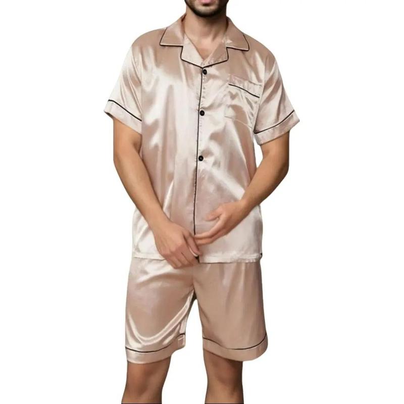 Mens Silk Satin Pajamas Set Short Sleeve Sleepwear Button-Down Pjs Sets Two-Pieces Loungewear with Pockets