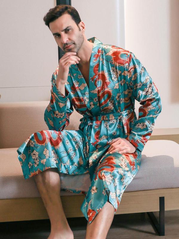 Men's Dragon & Peony Print Belted Satin PJ Robe, Casual Regular Fit Comfy Long Sleeve Dressing Gown For Spring & Fall, Fashion Men's Sleepwear For Daily Wear