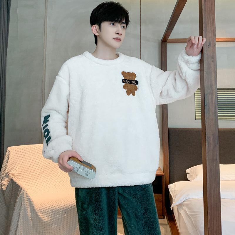 Winter Warm Pajamas Set Men Fluffy Pullover + Plush Long Pants Coral Fleece 2 Piece Sleepwear Men's Homewear Loose Loungewear