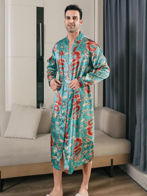 Men's Dragon & Peony Print Belted Satin PJ Robe, Casual Regular Fit Comfy Long Sleeve Dressing Gown For Spring & Fall, Fashion Men's Sleepwear For Daily Wear