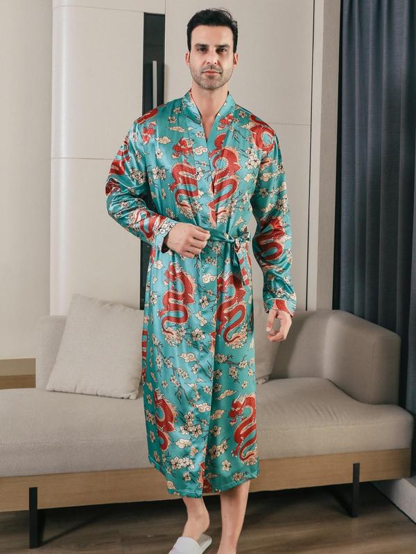 Men's Dragon & Peony Print Belted Satin PJ Robe, Casual Regular Fit Comfy Long Sleeve Dressing Gown For Spring & Fall, Fashion Men's Sleepwear For Daily Wear