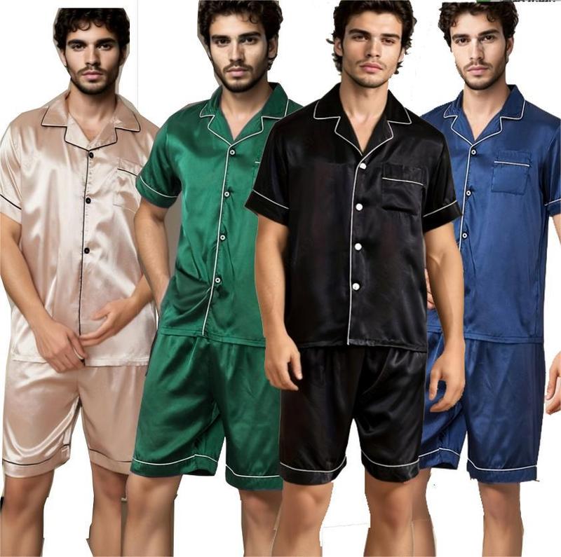 Mens Silk Satin Pajamas Set Short Sleeve Sleepwear Button-Down Pjs Sets Two-Pieces Loungewear with Pockets