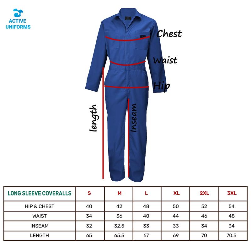 ACTIVE UNIFORMS Men’s Long Sleeve Workwear Coveralls – Durable Poly-Cotton Blend, 6 Pockets, Elastic Waist