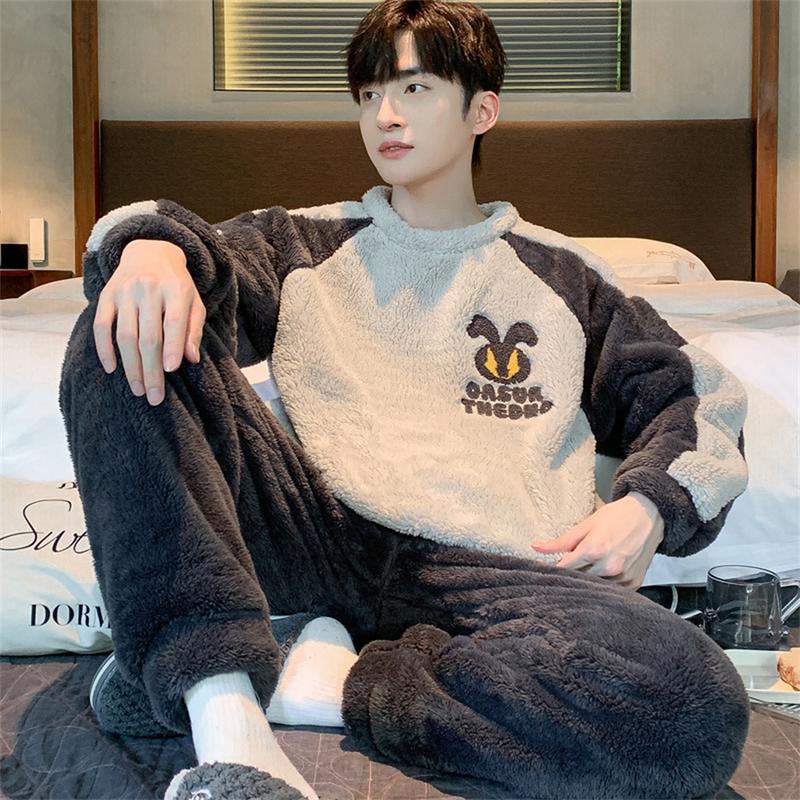 Winter Warm Pajamas Set Men Fluffy Pullover + Plush Long Pants Coral Fleece 2 Piece Sleepwear Men's Homewear Loose Loungewear