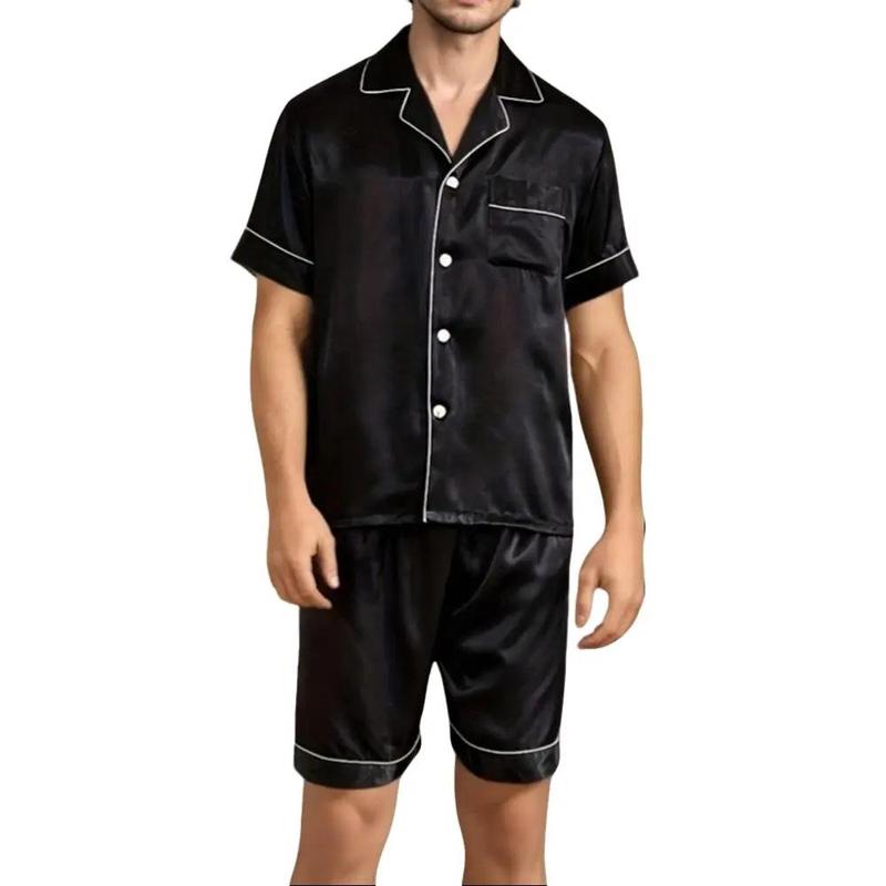 Mens Silk Satin Pajamas Set Short Sleeve Sleepwear Button-Down Pjs Sets Two-Pieces Loungewear with Pockets