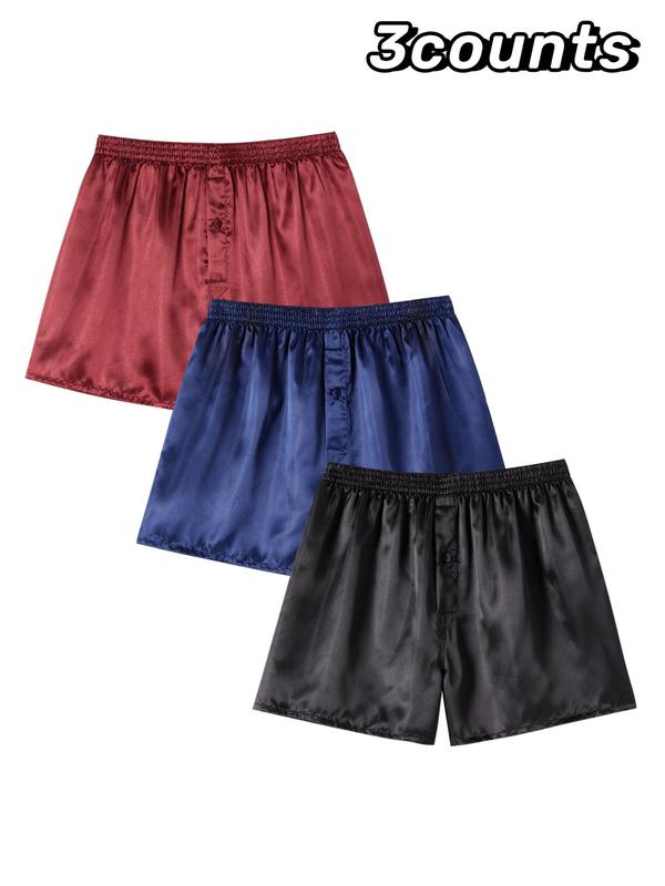 Men's Random Color Button Elastic Waist Soft Satin PJ Shorts, Summer Clothes Casual Comfy Breathable Solid Sleep Shorts for Summer, Men's Bottoms for Daily Home Wear