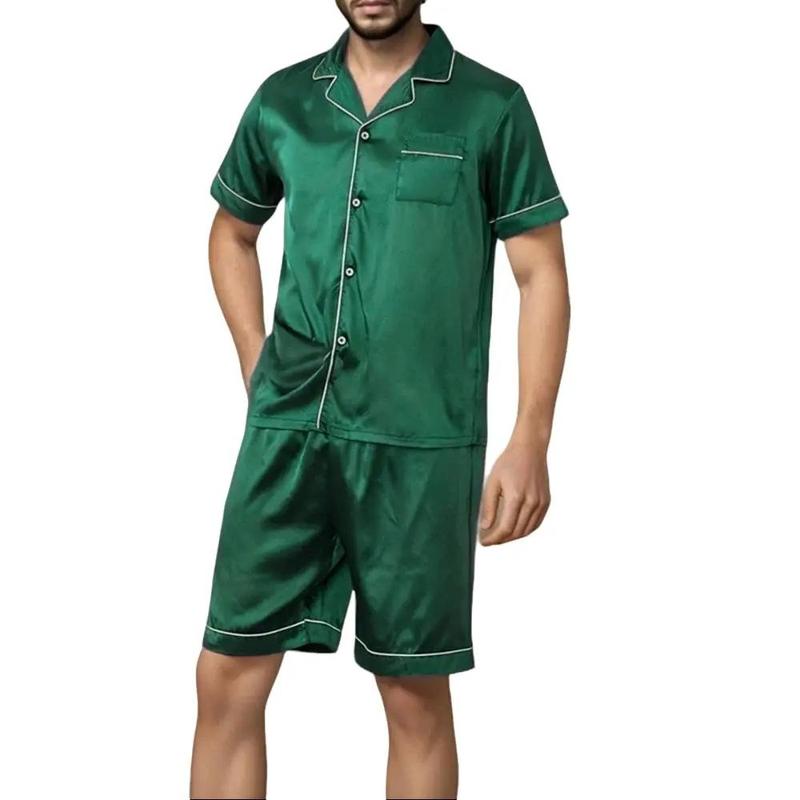 Mens Silk Satin Pajamas Set Short Sleeve Sleepwear Button-Down Pjs Sets Two-Pieces Loungewear with Pockets