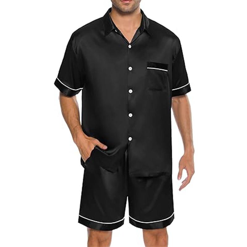 Mens Silk Satin Pajamas Set Short Sleeve Sleepwear Button-Down Pjs Sets Two-Pieces Loungewear with Pockets