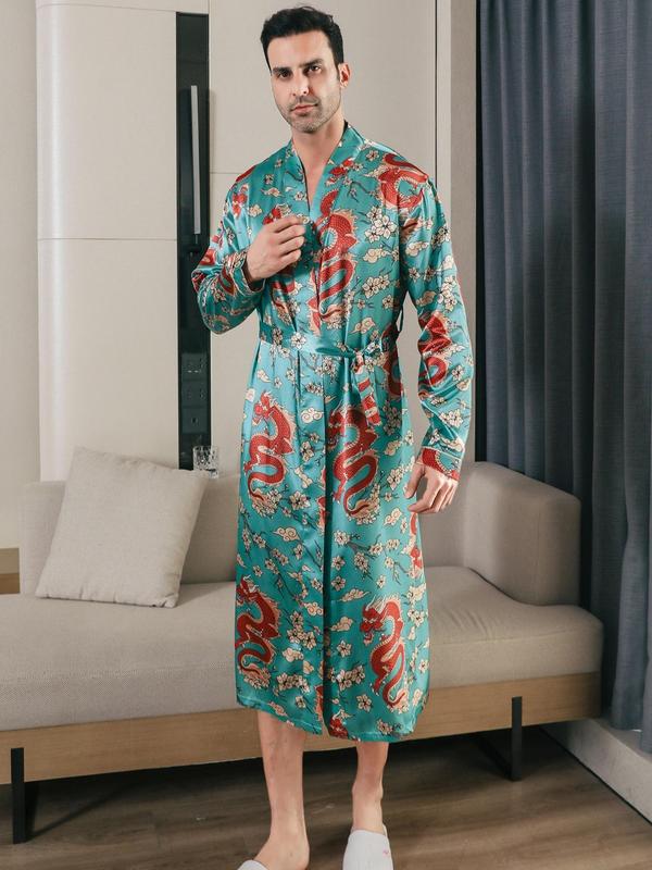 Men's Dragon & Peony Print Belted Satin PJ Robe, Casual Regular Fit Comfy Long Sleeve Dressing Gown For Spring & Fall, Fashion Men's Sleepwear For Daily Wear