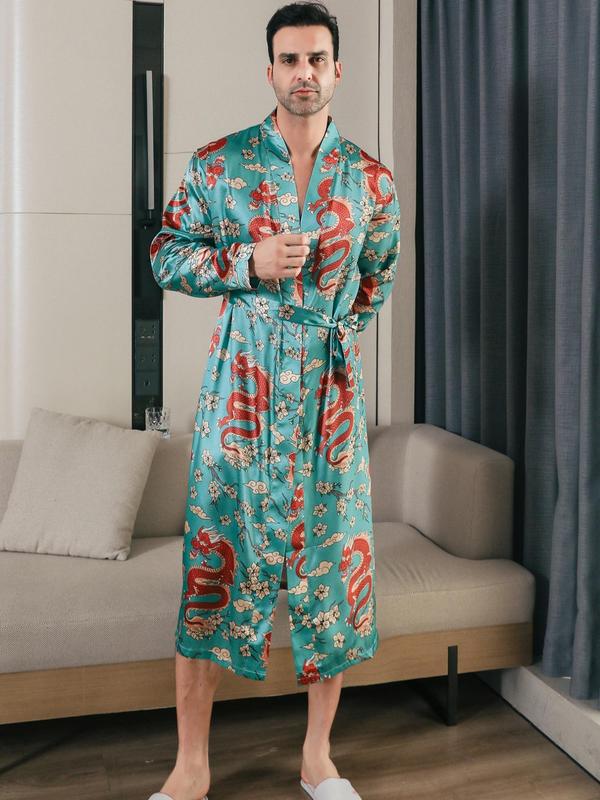 Men's Dragon & Peony Print Belted Satin PJ Robe, Casual Regular Fit Comfy Long Sleeve Dressing Gown For Spring & Fall, Fashion Men's Sleepwear For Daily Wear