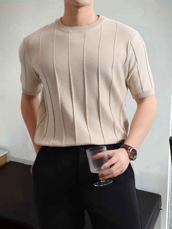 Men's Textured Drop Shoulder Knit Top, Casual Regular Fit Short Sleeve Round Neck Knitwear for Summer, Fashion Men's Knit Clothing for Daily Wear