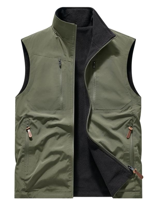 Men's Solid Zip Up Pocket Thermal Lined Vest Coat, Casual Waterproof Sleeveless Outerwear for Fall & Winter, Men's Sportswear for Outdoor Activities