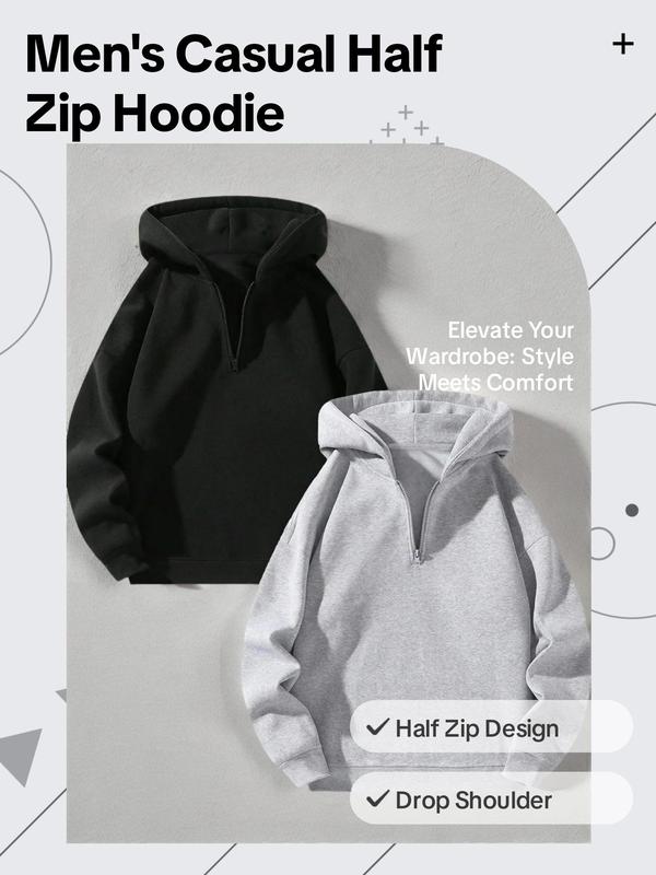 Men's Solid Drop Shoulder Half Zip Hoodie, Fashion Casual Regular Fit Hooded Sweatshirt for Daily Holiday Outdoor Wear,  Mens Clothing, Men Clothes for Fall & Winter