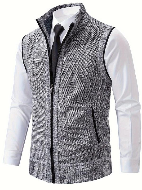 Men's Solid Zip Up Funnel Neck Vest Jacket, Regular Fit Casual Pocket Sleeveless Knitwear for Fall & Winter, Men's Knit Clothing for Daily Wear