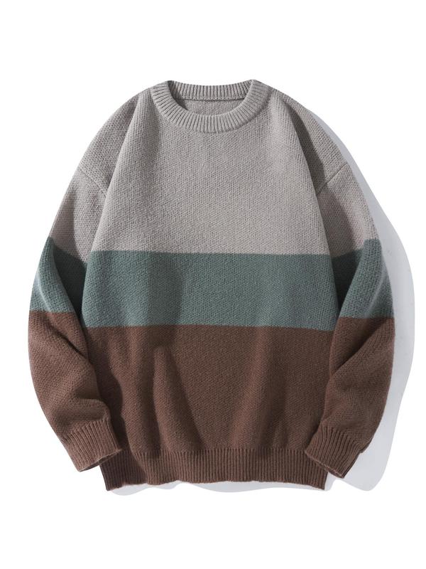 Unisex Men's Loose Colorblock Striped Print Drop Shoulder Crew Neck Sweater, Sweaters for Men, Casual Long Sleeve Round Neck Jumper Tops for Fall & Winter, Menswear