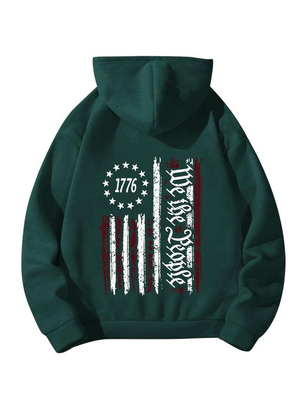 Men's American Flag Print Drop Shoulder Hoodie, Regular Fit Fashion Casual Drawstring Pocket Hooded Sweatshirt for Daily Holiday Outdoor Wear, Casual Men Clothes for Spring & Fall