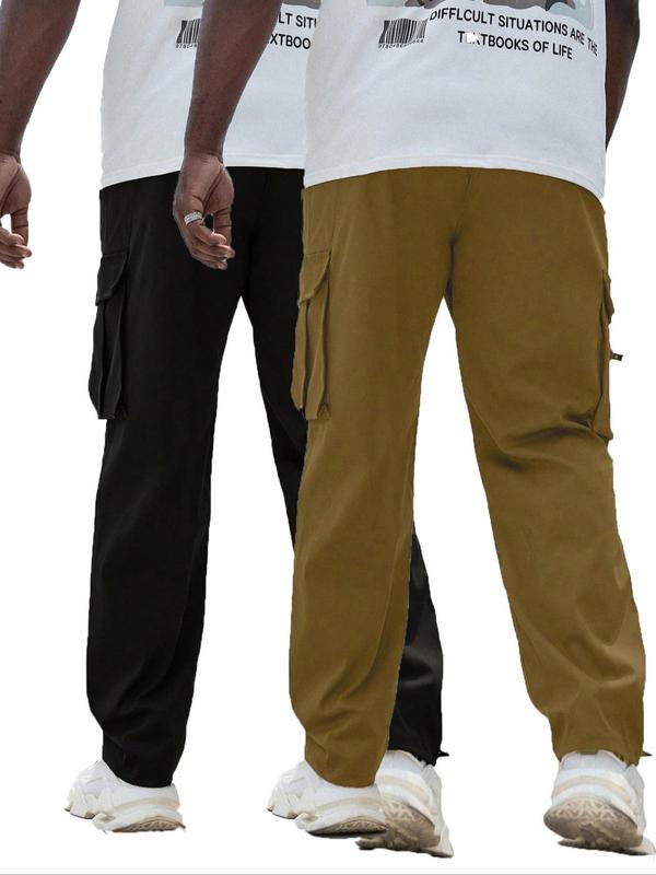 Men's Plus Size Solid Pocket Zipper Cargo Pants, Casual Street Elastic Waist Trousers for Daily Wear, Men's Plus Size Bottoms for All Seasons Sweatpants Outfit Guy