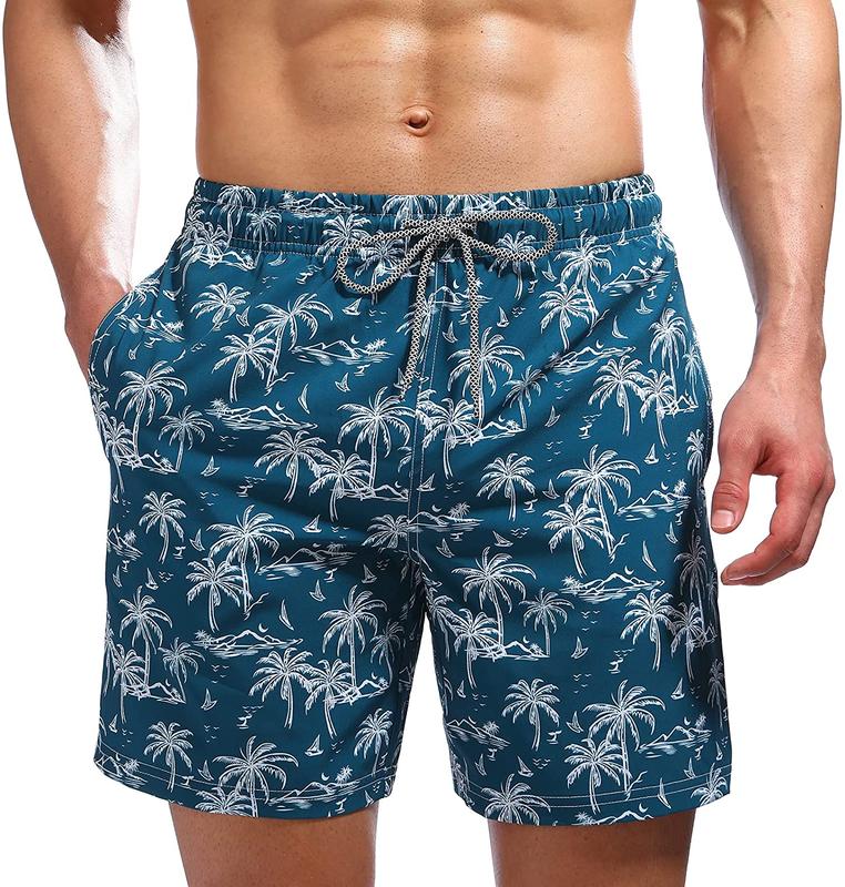 Mens Swim Trunks Summer Hawalian Quick Dry Beach Shorts Mens Over-the-knee Digital Print Drawstring Swim Pants Black Flowers Coconut Trees Leaves Fashion Casual Shorts