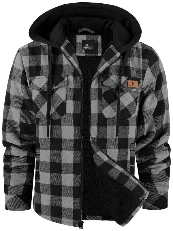 Men's Regular Fit Plaid Print Patched Drawstring Zip Up Hooded Jacket, Casual Long Sleeve Pocket Thermal Lined  Outerwear for Fall & Winter, Men's Clothes for Daily Wear