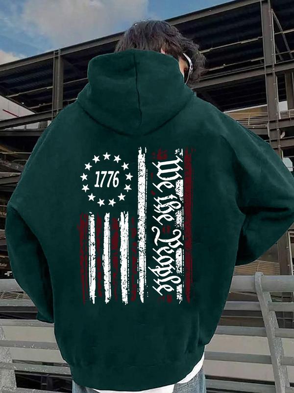 Men's American Flag Print Drop Shoulder Hoodie, Regular Fit Fashion Casual Drawstring Pocket Hooded Sweatshirt for Daily Holiday Outdoor Wear, Casual Men Clothes for Spring & Fall