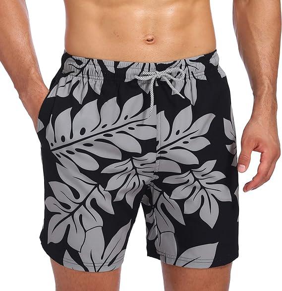 Mens Swim Trunks Summer Hawalian Quick Dry Beach Shorts Mens Over-the-knee Digital Print Drawstring Swim Pants Black Flowers Coconut Trees Leaves Fashion Casual Shorts