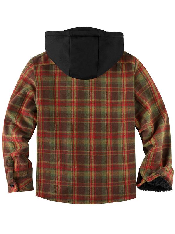 Men's Regular Fit Plaid Print Patched Drawstring Zip Up Hooded Jacket, Casual Long Sleeve Pocket Thermal Lined  Outerwear for Fall & Winter, Men's Clothes for Daily Wear