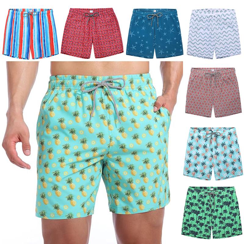 Mens Swim Trunks Summer Hawalian Quick Dry Beach Shorts Mens Over-the-knee Digital Print Drawstring Swim Pants Black Flowers Coconut Trees Leaves Fashion Casual Shorts