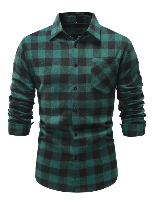 Men's Plaid Print Button Front Pocket Shirt, Regular Fit Casual Long Sleeve Collared Top for All Seasons, Men's Clothes for Daily Wear