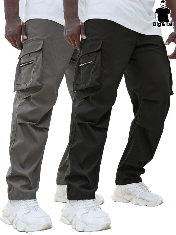 Men's Plus Size Solid Pocket Zipper Cargo Pants, Casual Street Elastic Waist Trousers for Daily Wear, Men's Plus Size Bottoms for All Seasons Sweatpants Outfit Guy