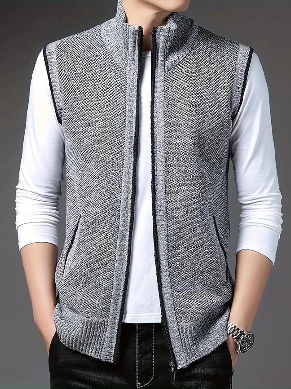 Men's Solid Zip Up Funnel Neck Vest Jacket, Regular Fit Casual Pocket Sleeveless Knitwear for Fall & Winter, Men's Knit Clothing for Daily Wear