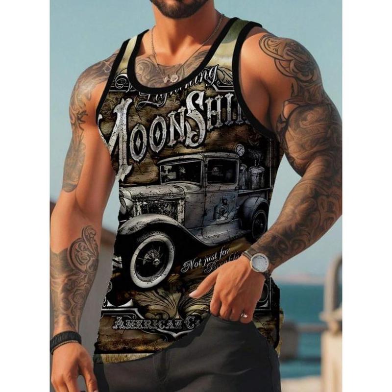 Men's Summer Sleeveless Letter & Car Printed Casual Tank Top