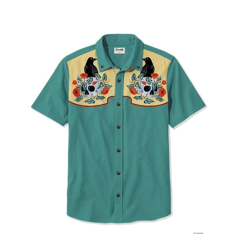 Skull and Crow Casual Short Sleeve Hawaiian Shirt, Western Cowboy Vintage Button Down Shirt, Bird Lover Gift