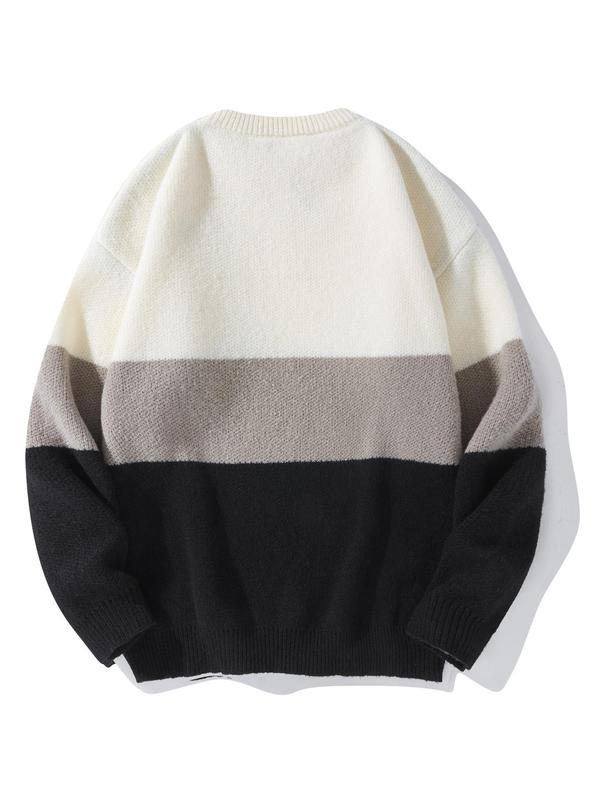 Unisex Men's Loose Colorblock Striped Print Drop Shoulder Crew Neck Sweater, Sweaters for Men, Casual Long Sleeve Round Neck Jumper Tops for Fall & Winter, Menswear