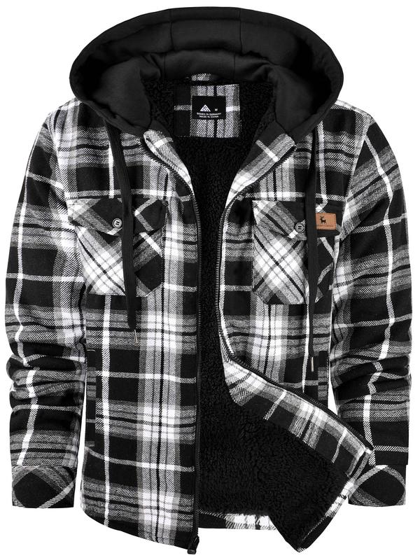 Men's Regular Fit Plaid Print Patched Drawstring Zip Up Hooded Jacket, Casual Long Sleeve Pocket Thermal Lined  Outerwear for Fall & Winter, Men's Clothes for Daily Wear