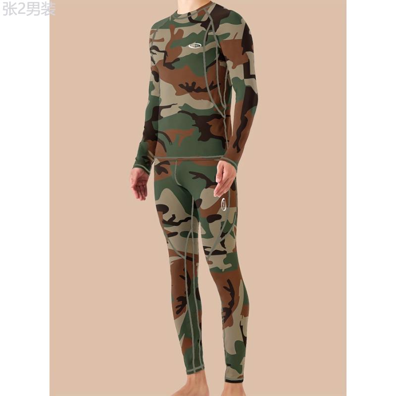 Camouflage Print Thermal Underwear For Men, Long Johns Set With Fleece, Winter Hunting Outdoor Running Cycling Ski Equipment Sports Yoga Fitness Base Layer Sport Top & Bottom Menswear Spandex Collar Fabric Sleeve Socks Stretch Knife Crewneck Round Neck