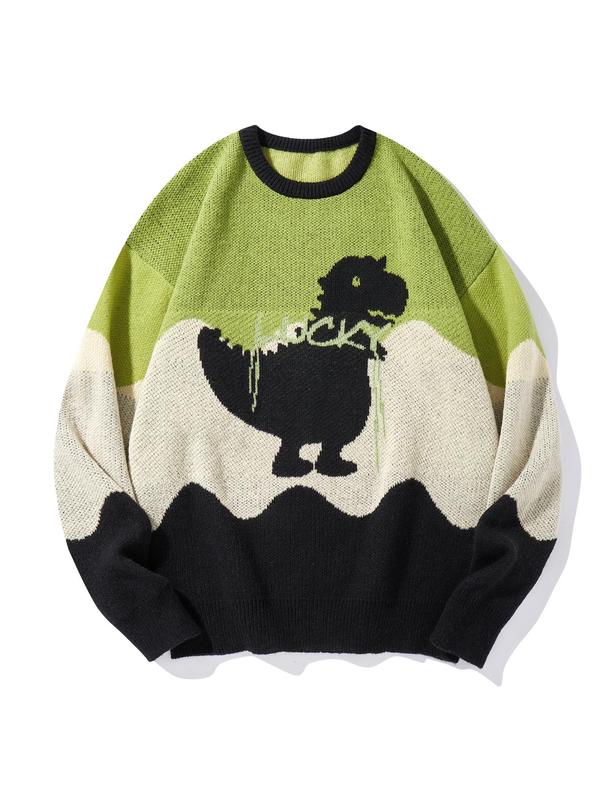 Men's Colorblock & Cartoon Dinosaur Print Round Neck Sweater, Regular Fit Casual Drop Shoulder Long Sleeve Jumper, Men's Knitwear for Fall & Winter