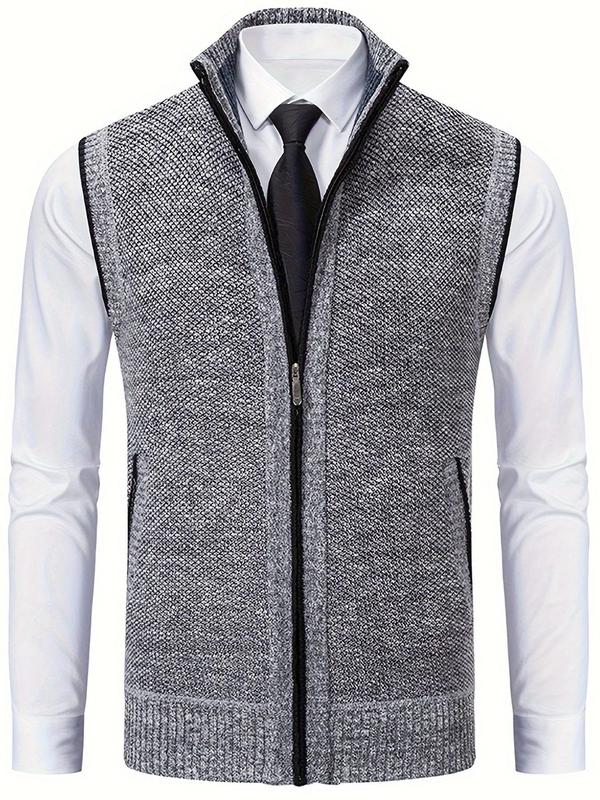 Men's Solid Zip Up Funnel Neck Vest Jacket, Regular Fit Casual Pocket Sleeveless Knitwear for Fall & Winter, Men's Knit Clothing for Daily Wear