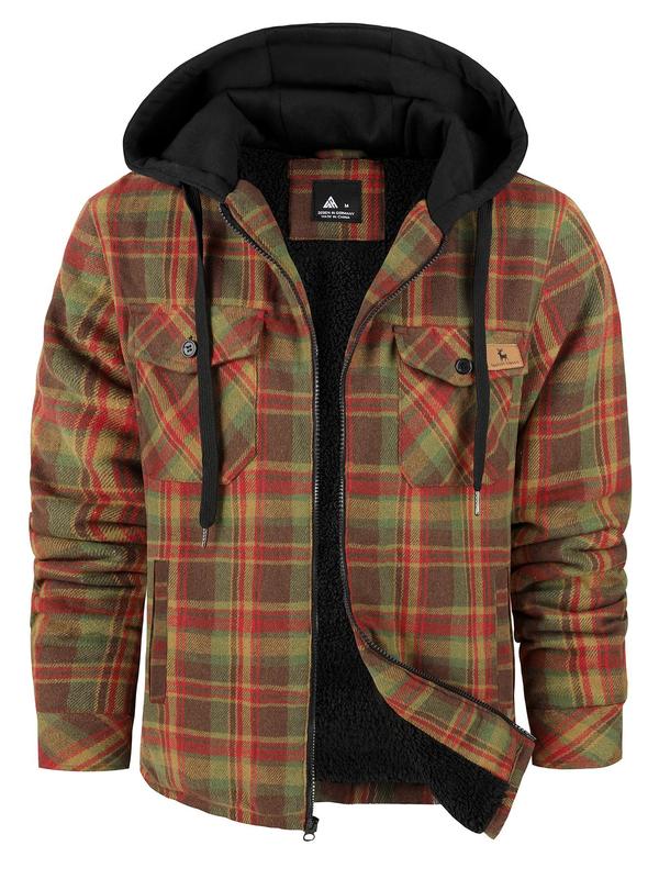 Men's Regular Fit Plaid Print Patched Drawstring Zip Up Hooded Jacket, Casual Long Sleeve Pocket Thermal Lined  Outerwear for Fall & Winter, Men's Clothes for Daily Wear