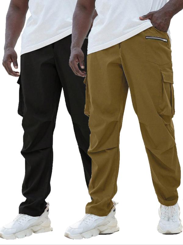 Men's Plus Size Solid Pocket Zipper Cargo Pants, Casual Street Elastic Waist Trousers for Daily Wear, Men's Plus Size Bottoms for All Seasons Sweatpants Outfit Guy