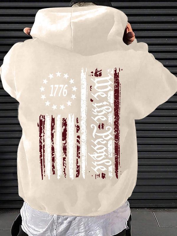 Men's American Flag Print Drop Shoulder Hoodie, Regular Fit Fashion Casual Drawstring Pocket Hooded Sweatshirt for Daily Holiday Outdoor Wear, Casual Men Clothes for Spring & Fall