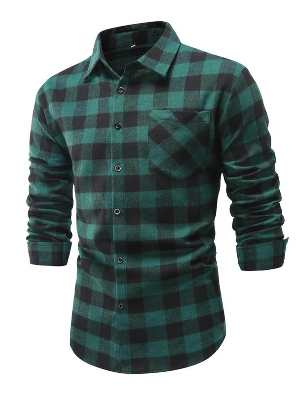 Men's Plaid Print Button Front Pocket Shirt, Regular Fit Casual Long Sleeve Collared Top for All Seasons, Men's Clothes for Daily Wear