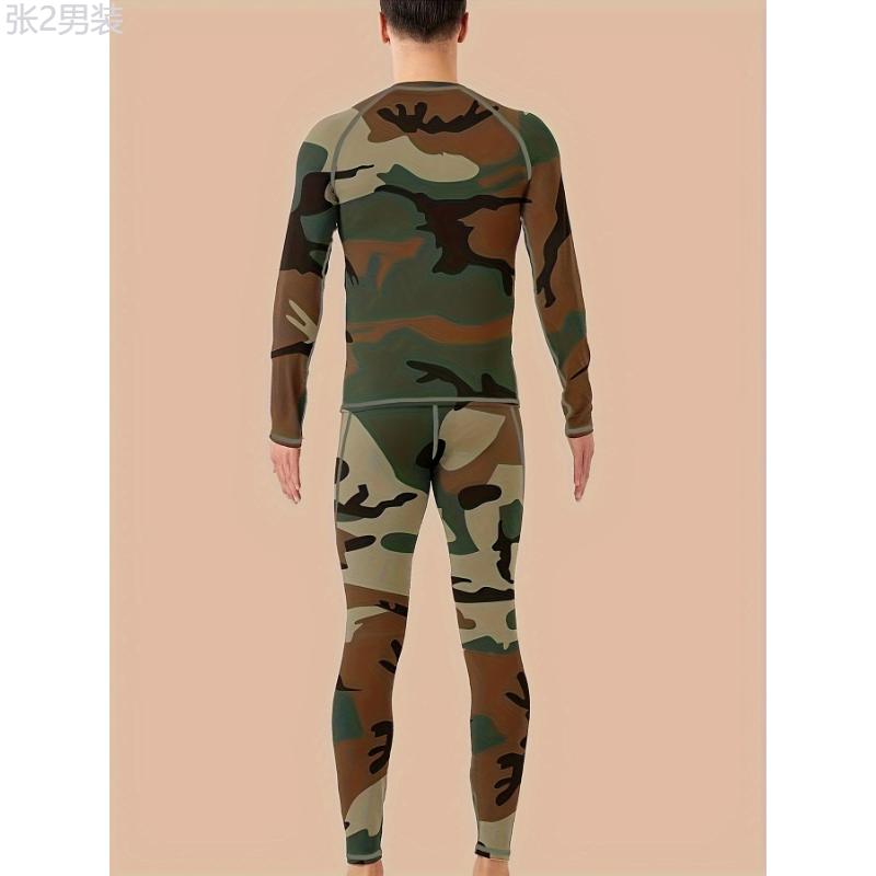 Camouflage Print Thermal Underwear For Men, Long Johns Set With Fleece, Winter Hunting Outdoor Running Cycling Ski Equipment Sports Yoga Fitness Base Layer Sport Top & Bottom Menswear Spandex Collar Fabric Sleeve Socks Stretch Knife Crewneck Round Neck