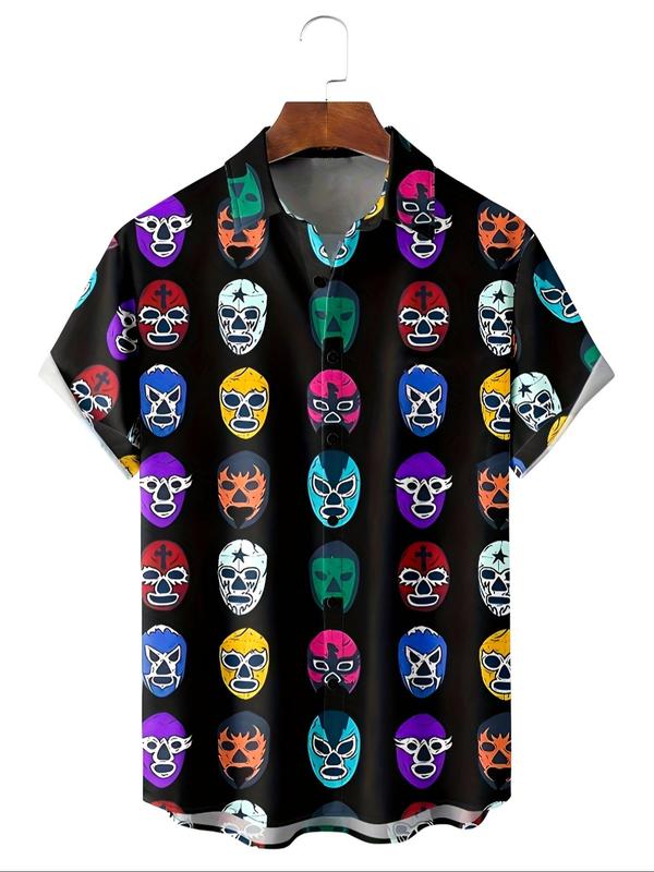 Men's Regular Fit Cartoon Mask Print Button Front Shirt, Casual Short Sleeve Collar Shirt for Summer, Fashion Men's Top for Daily Wear