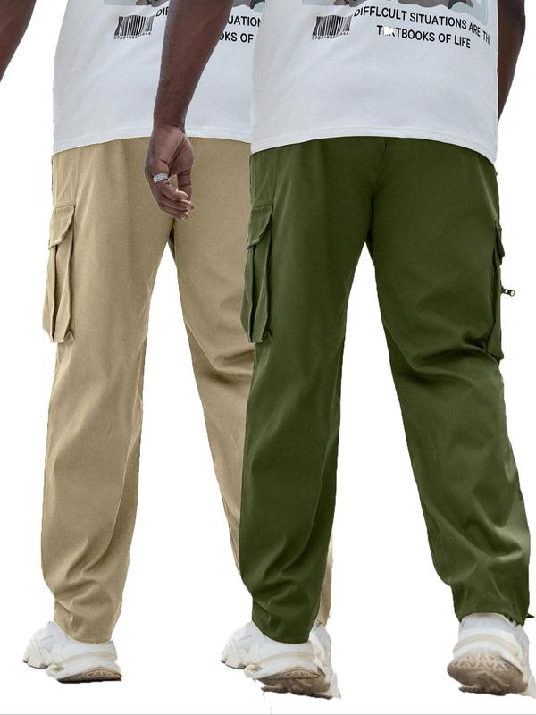 Men's Plus Size Solid Pocket Zipper Cargo Pants, Casual Street Elastic Waist Trousers for Daily Wear, Men's Plus Size Bottoms for All Seasons Sweatpants Outfit Guy