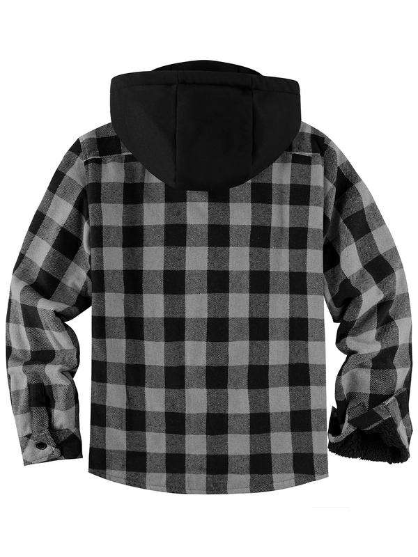 Men's Regular Fit Plaid Print Patched Drawstring Zip Up Hooded Jacket, Casual Long Sleeve Pocket Thermal Lined  Outerwear for Fall & Winter, Men's Clothes for Daily Wear