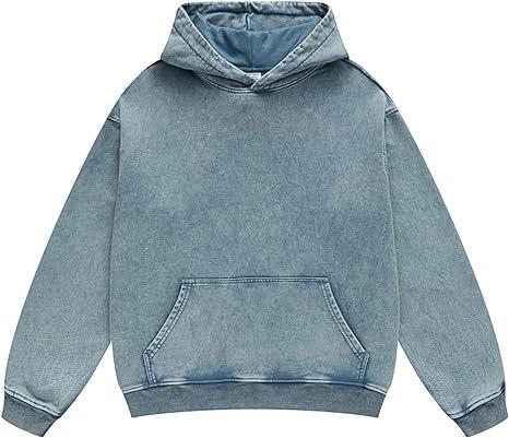 FAIABLE Unisex Casual Oversized Hoodie Cool Pullover Hoodies Vintage Wash Plush Heavyweight Hoodie Trendy Hooded Sweatshirt Cotton Big and Tall Hoodies for Couple  Streetwear sweaters College Winter Autumn Blue